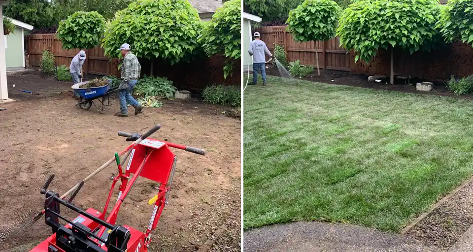 A before and after of our team working on landscaping a client's yard